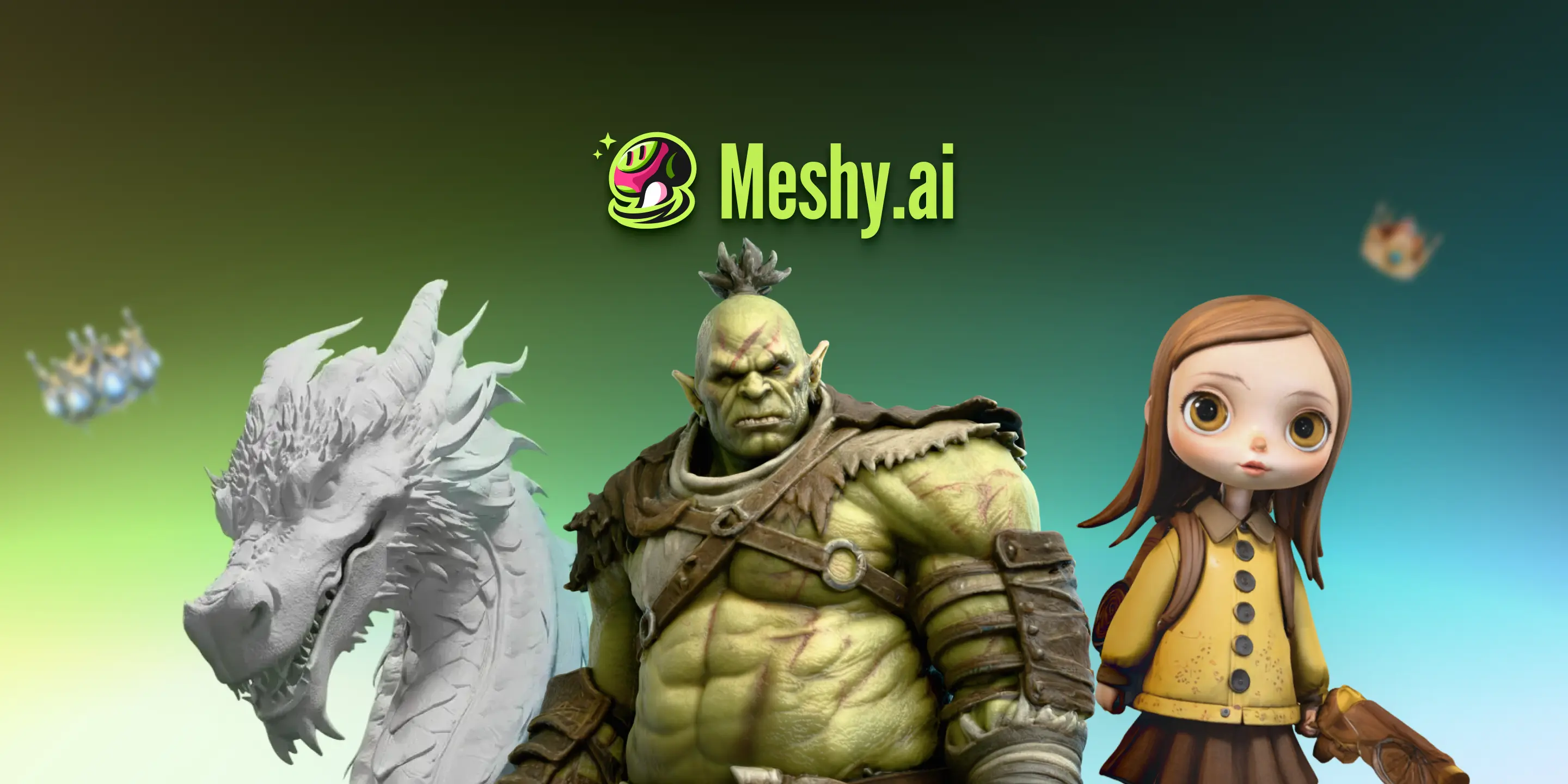 Official Meshy AI product visual featuring 3D fantasy characters and branding